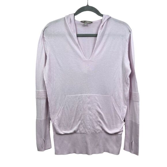 Athleta Womens Enlighten Hooded Sweater Silk Blend V Neck Pockets Pink Size M - Picture 1 of 6